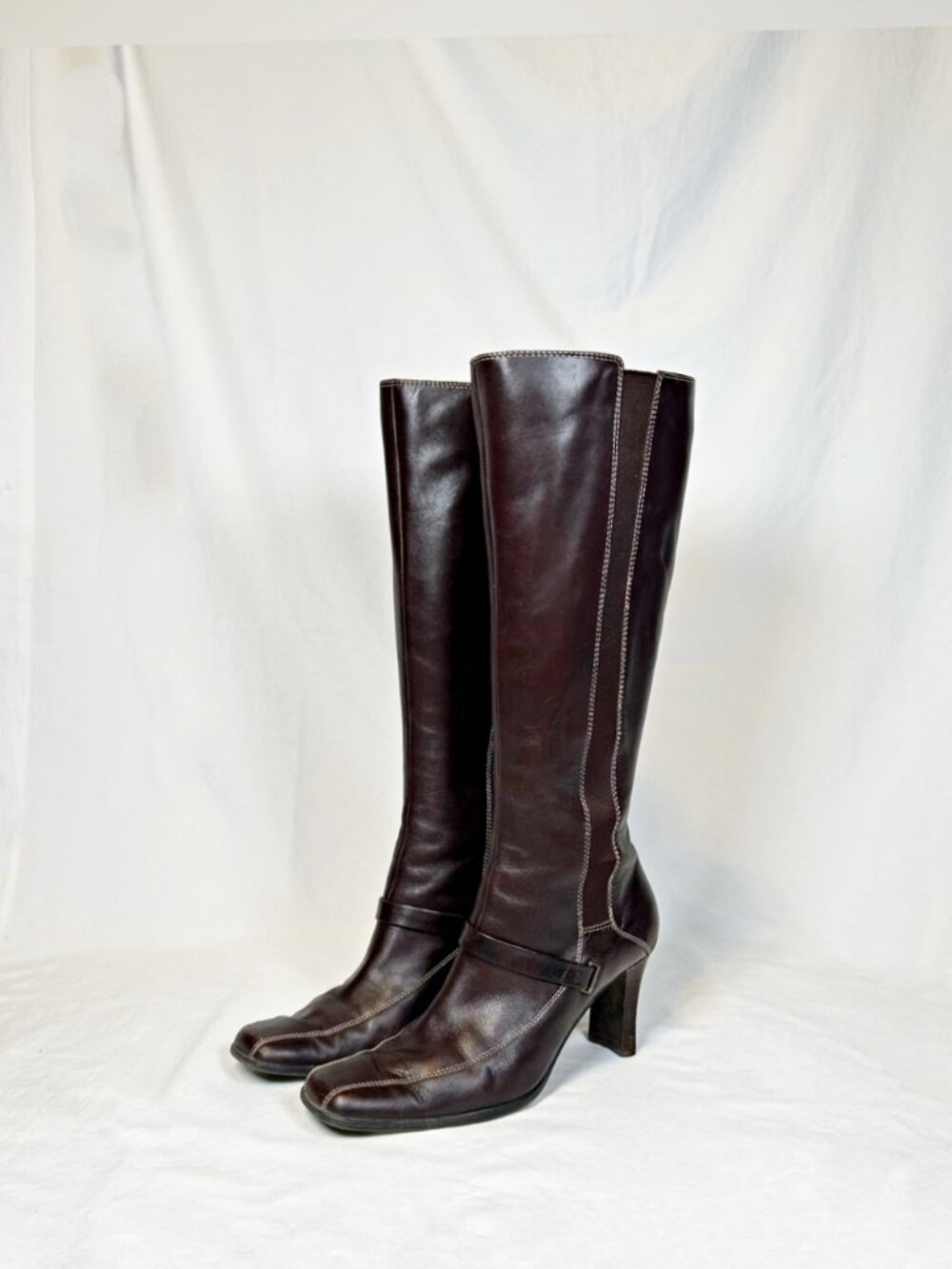 Vintage 90s Anne Klein Brown Leather Square Toe Knee High Zip Riding Boots~7~